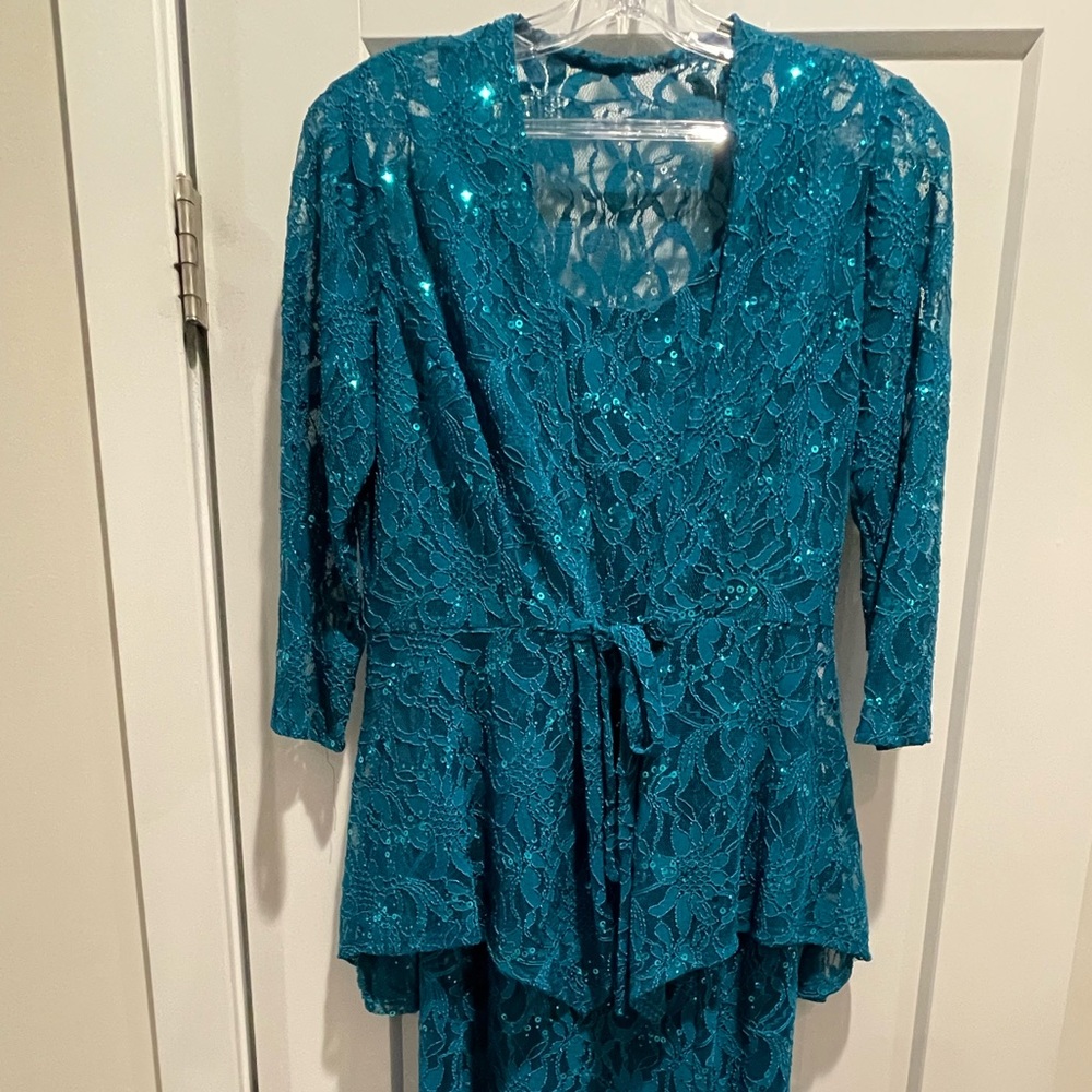 Ursula of Switzerland Teal Sequined Cocktail Dress with Jacket, Size 10